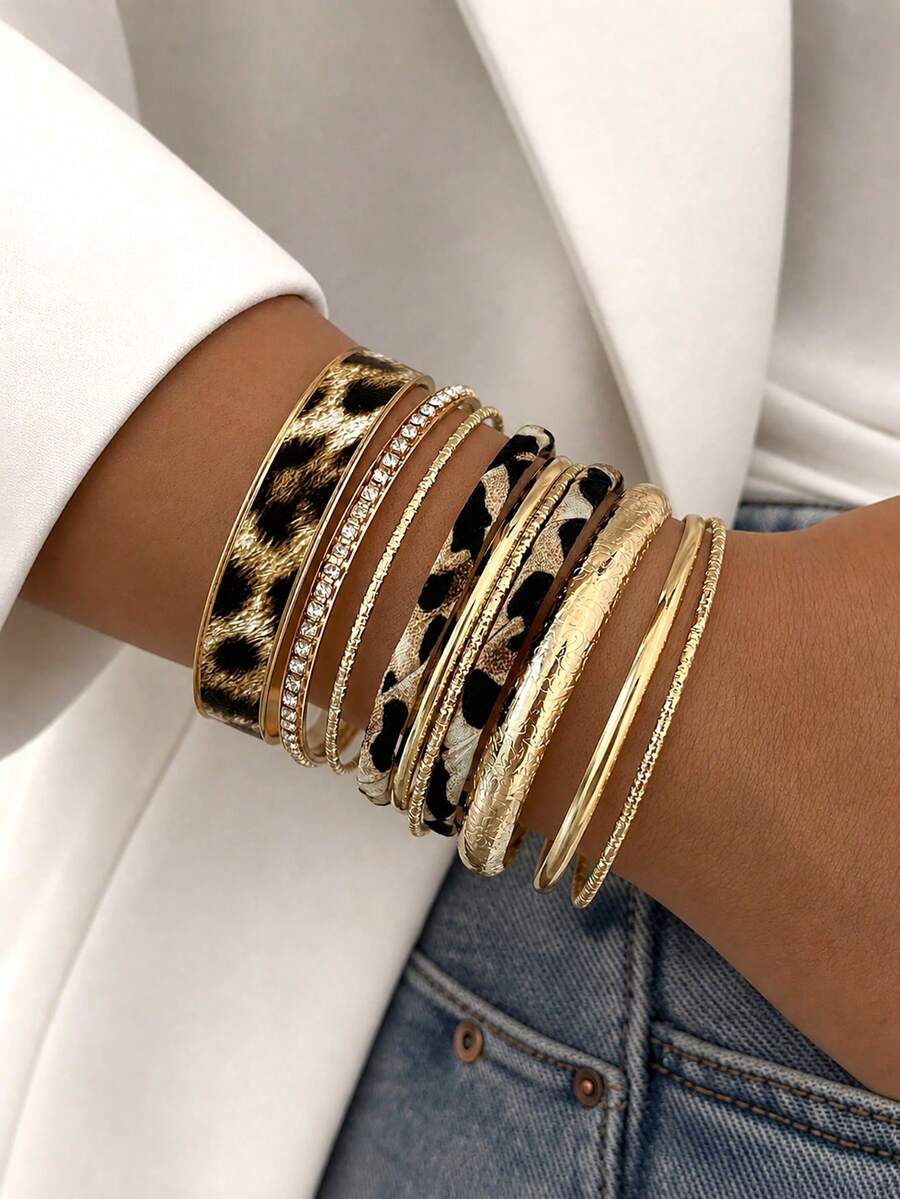 10pcs Vintage Elegant Metal Leopard Print Bracelets Suitable For Women's Daily Wear, Party, Vacation And Multiple Occasions, Gift - Gold - View 1