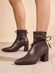 Women's Autumn/Winter Basic Solid Color Fashion Elegant Side Zipper Pointed Toe Chunky Heel High Heel Ankle Boots Single Lining Fabric Brown Ankle Boots With Thin Strap Bow Decor - Brown - View 5