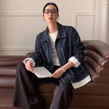 DAZY 女款條紋休閒百搭日常牛仔外套 秋季 - 深色水洗藍 - 查看 9
