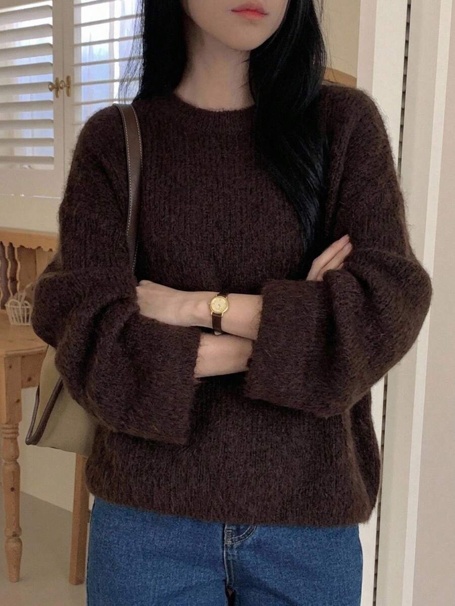 DAZY Women's Loose Casual Round Neck Long Sleeve Dropped Shoulder Solid Coffee Color Slouchy Sweater, Autumn/Winter - Coffee Brown - View 1