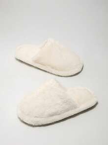 Fuzzy Plush Closed-Toe Flat Slip-On House Slippers Fashion Women's Shoes - White - View 8
