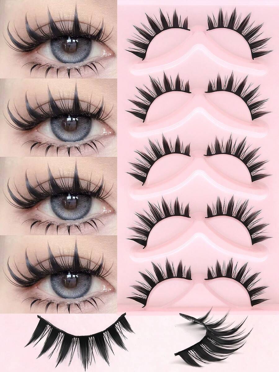 5 Pairs Cartoon Style False Eyelashes, Curly Realistic Eyelash Extensions, Suitable For Daily Or Special Occasions To Create Spiky Look, Suitable For DIY Beginners, Soft Exaggerated Spiky False Eyelashes - Black - View 1