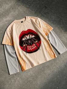 Krometka Men's American Vintage Red Lips Spider Print 2 In 1 Long Sleeve T-Shirt, Side Flame Pattern High Street Top - Apricot - View 7