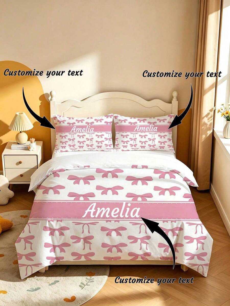 2/3pcs Pink Bow Customizable Name Printed Duvet Cover Set, Soft Sweet Minimalist Style Polyester Bedding, Suitable For Bedroom Home, Dorm Napping, Birthday Exclusive Customization, Coquette Aesthetic - Multicolor - View 1