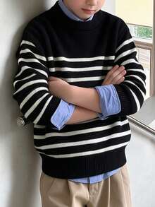 Big Boys Color Block Striped Crew Neck Knit Sweater, Soft Long Sleeve Basic Pullover, Suitable For Autumn/Winter School Daily Wear - Black - View 10