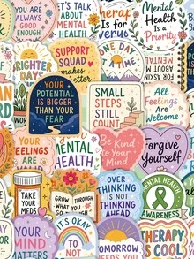 50Pcs Self‑Care Mental Health Vinyl Stickers, Calming Positive Quote Decals, Pastel Aesthetic Graphic, Self‑Respect Affirmation Text Print, Waterproof Stickers, For Bottle, Notebook, Suitcase, Journal, Scrapbooking Decor - one-size - View 3