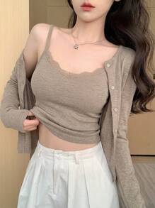 DAZY Hollow Lace Patchwork Camisole Sleeve Cardigan Base Layer T-Shirt Casual Home Street Hot Girl Women 2pcs Set Fall - Brown - View 4