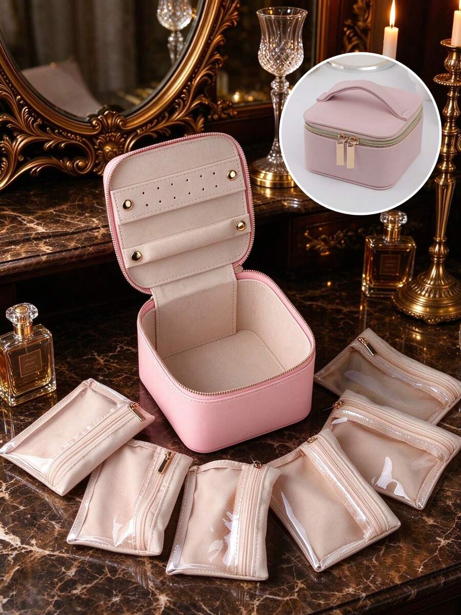 Portable Jewelry Box With Handle & 6pcs Velvet Jewelry Pouches, Suitable For Storing Necklaces, Rings, Earrings, Ideal Mother's Day Gift For Mom, Comes With 12pcs Velvet Jewelry Pouches - Multicolor - View 1