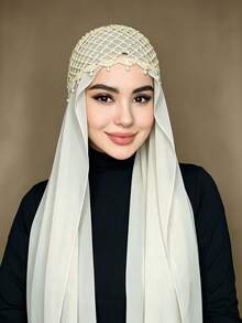 2pcs Muslim Hijab Set, 1pc Pearl Decorated Crochet Mesh Inner Cap + 1pc Chiffon Headscarf, Women's Islamic Headwear - Multicolor - View 2