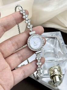 1pc Women's Fashionable Casual Bracelet Watch, Cute Round Metal Dial, Luxury Rhinestone Strap, Quartz Watch Gift - Silver - View 7