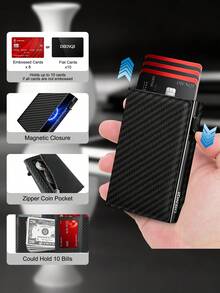 3-Fold Magnetic Carbon Fiber Pop-Up RFID Men's Credit Card Holder, Metal Card Holder, Coin Purse, Bank Card Storage Bag, Men's Wallet - Multicolor - View 3