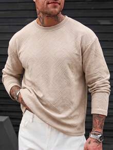 Blueprint Man 1pc Men's T-Shirt, Khaki Crew Neck Long Sleeve Top, All-Over 3D Embossed Geometric Pattern, Soft Skin-Friendly Fabric, Delicate And Soft Touch, Loose Drop Shoulder Fit, Flattering For All Body Types, Casual Slouchy, Spring/Autumn Commute, Shopping, Travel, Old Money Style - Khaki - View 10