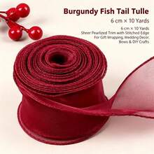 100yd/50yd/40yd/10yd Burgundy Red Tulle Ribbon, 4cm Wide Berry Red Fish Tail Tulle Ribbon, Floral Arrangement Packaging Bow, Gift Wrapping, Wedding Holiday Party Decoration, Semi-Transparent Gauze Wavy Edge Satin Ribbon, Lightweight And Airy Texture, Suitable For Handmade DIY Hair Accessories, Wedding Party Decor, Atmospheric Decoration Material, Flexible And Easy To Shape, Multi-Scenario Practical Decorative Ribbon - Claret - View 17