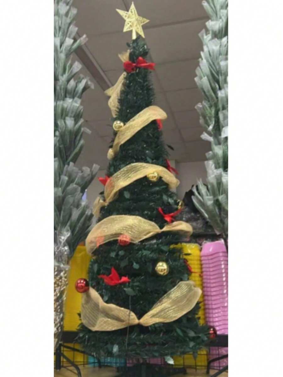 Foldable Festive Christmas Tree 150cm With Gold Red Ornaments For Seasonal Indoor Decoration - Green - View 1