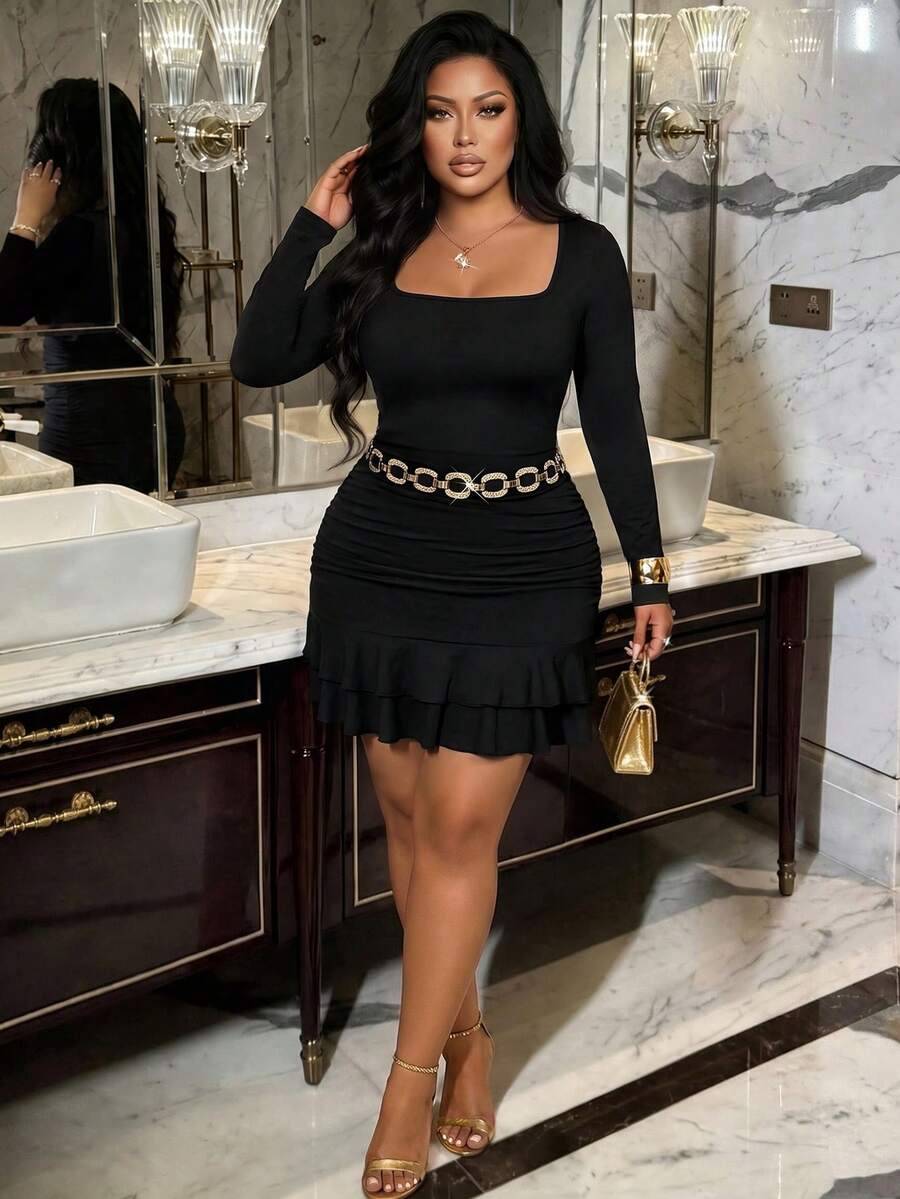 Women's Plus Size Fitted Knit Mini Dress, Square Neck Long Sleeve, Layered Ruffle Hem, Elastic Fit, Elegant Style - Fixed Black - View 1