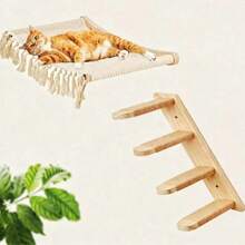 1pc Cat Wall Shelf And 1pc Perch, Tassel Cat Hammock, Cat Ladder, Modern Cat Furniture For Sleeping, Playing And Climbing - Apricot - View 1