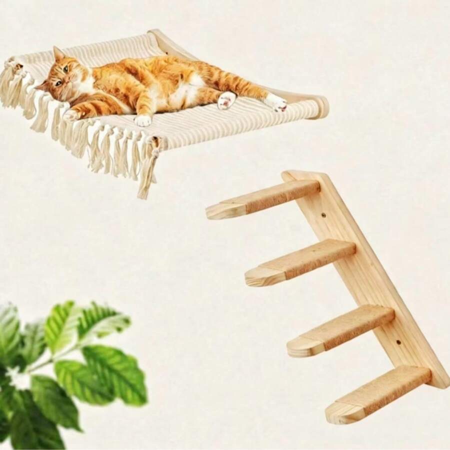 1pc Cat Wall Shelf And 1pc Perch, Tassel Cat Hammock, Cat Ladder, Modern Cat Furniture For Sleeping, Playing And Climbing - Apricot - View 1