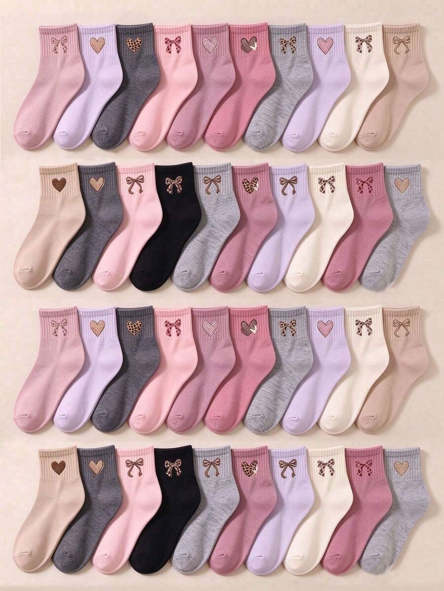 5/10 Pairs Random Color Mid Calf Socks, Leopard Bow Heart For Baby Girls, Pink Socks All Season Wear, Warm Soft For Campus Holiday Party Fall - Multicolor - View 1