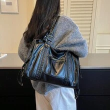 Solid Color Minimalist Woven Tote Bag, Capacity Travel Storage, Dual Straps, Retro Aesthetic American Motorcycle Style For Daily Work School Trips - Black - View 5