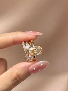 Women's 18K Gold Plated Stackable Ring Set, 2Pcs Pear Teardrop & Oval Shape Cubic Zirconia Rings, Sparkling Multi Cut Gem Statement Rings For Party - Gold - View 2