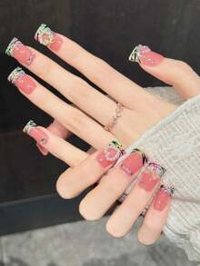 10PCS Duck/Flare Handmade Press On Nails For Party And Daily Wear,Fall And Winter Nails,Peach Base Multicolor Tiger Print, Shiny Rhinestone Bow Decor Press On Nails,Suitable For Girls And Women Festivals Parties - Watermelon Pink - View 4