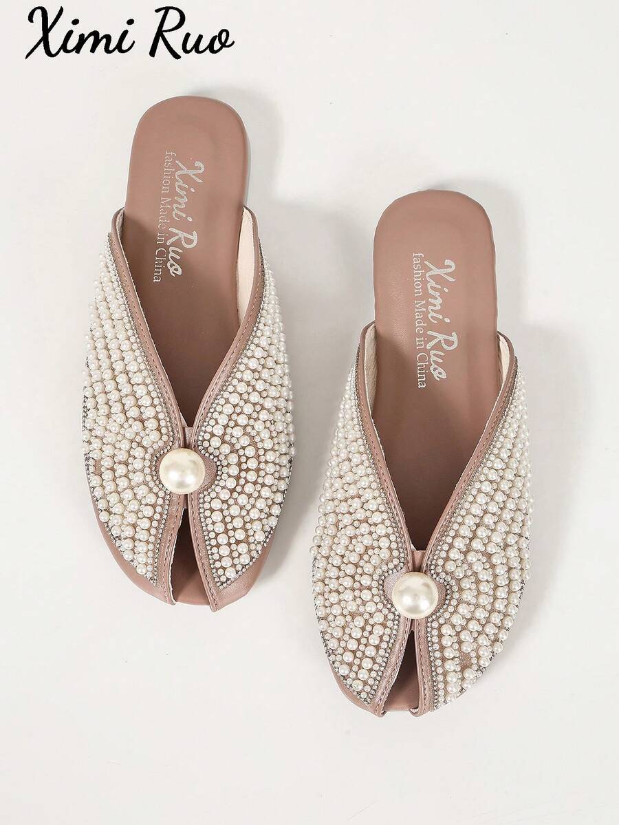 Ximi Ruo Women's Peep-Toe Flat Slides Spring New Fashion Outdoor Wear Rhinestone Closed Toe Slippers Slouchy Mule Shoes Internet Celebrity Closed Toe Slippers Women's Shoes Outdoor Wear Spring Summer New Fashion Pointed Toe Chunky Heel Mule Shoes Rhinestone - Watermelon Pink - View 1