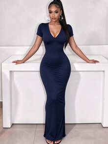 RNU Coffee Brown Solid Color V-Neck Short Sleeve Knit Dress, Soft Elastic Ribbed Fabric, Sexy Slim Fit Bodycon Maxi - Navy Blue - View 5