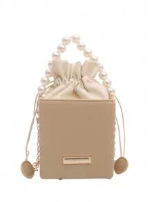 Elegant Pearl Chain Mini Square Bag For Women, Faux Leather Drawstring Bucket Crossbody Bag, Evening Handbag - Khaki - View 13