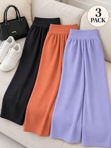 Set de 3 pantalones de pierna ancha para mujer, multicolor. Ajuste de cintura alto. Sin bolsillos. Interior fresco y muy cómodo. Sin estampado. Te llegarán 3 pantalones en colores al azar. - Multicolor - Ver 7