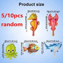 5/10pcs 16-Inch Mini Cute Ocean Animal Shark Octopus Aluminum Balloons, Random Assortment, Colorful, Lightweight And Reusable Party Decorations - View 6