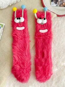 1 Pair Cute Monster Plush Socks, Women's Fluffy Warm Mid-Calf Socks, Fun 3D Eyeball & Antler Design, Soft Comfortable Winter Sleep Socks, Hand Washable, Cold Weather Home Warm Socks, Couple Gift Accessory - Multiple Styles - View 14