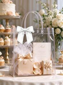 10/20/40/50pcs Reusable Transparent PVC Gift Bags With White Bow Ribbon, (25pcs Bags+25pcs Ribbons) With Handles, Suitable For Weddings, Birthdays And Holidays, Perfect For Christmas Gift Bags, Valentine's Day, Mother's Day Gift Packaging, Transparent Waterproof Bags, Suitable For Summer, Vacation And Beach. Multi-Functional Packaging Solution - A - View 3
