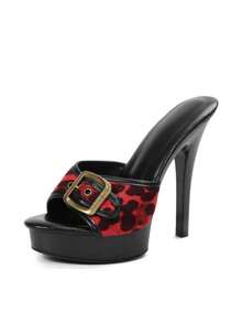 Red & Black Buckle Strap Solid Color Nightclub Style Fabric Flower 2026 Heel Sandals Party Summer - Red - View 2