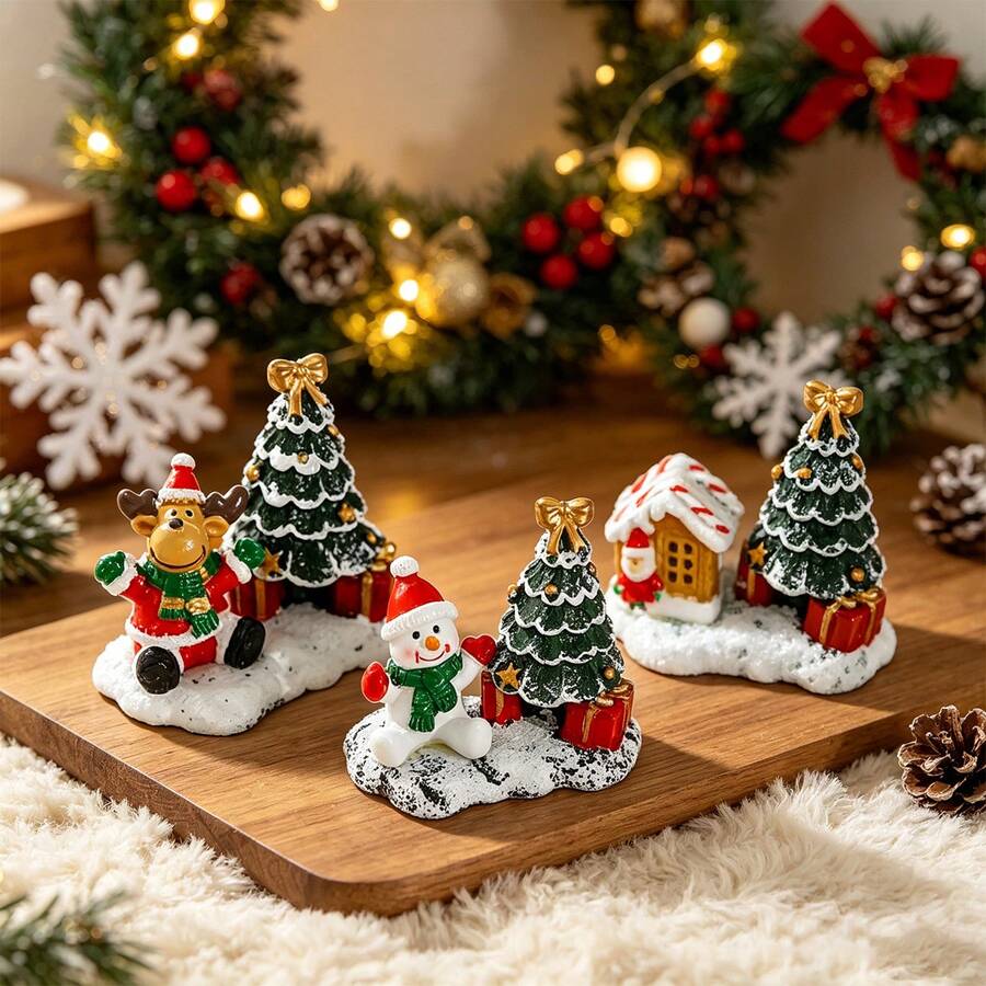 1pc Christmas Resin Mini Figurine, Snowy Christmas Tree With Santa Claus, Snowman, Reindeer Statue, Christmas Home, Fireplace, Party Tabletop Decoration - Multicolor - View 1