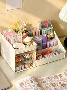 Cream Minimalist Storage Box | Multi-Drawer Design, Efficient Organization For Cosmetics And Small Items | Plastic Material, Desktop Use - Multicolor - View 9