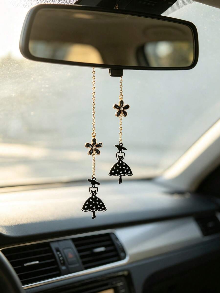 1pc Elegant Luxury Little Black Dress Girl Car Hanging Ornament, Fashionable Floral Rearview Mirror Pendant, Exquisite Car Interior Decoration Accessory - A - View 1