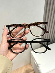 1 Pair/2 Pairs Large Square Frame Leopard Print Glasses, Transparent Glasses, Suitable For Daily, Commute, Office And Winter Accessories, Unisex Couple Style - Transparent - View 3