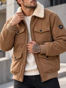 Men's Autumn/Winter Corduroy Jacket, Full Fleece Lining + Fleece Collar, Zipper Solid Color Loose Casual Outerwear, With Inner Pockets - Camel - View 3