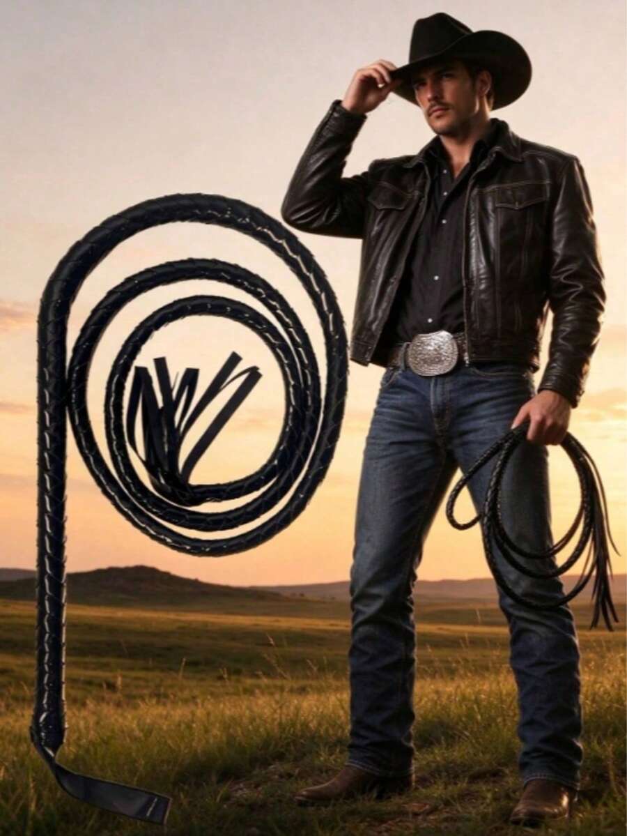 1pc Western Cowboy Black Whip - Role Play Prop Whip, Suitable For Cowboy Cosplay And Halloween (Material: Double-Layer Outer Fabric, Foam Core) - Single Style - View 1