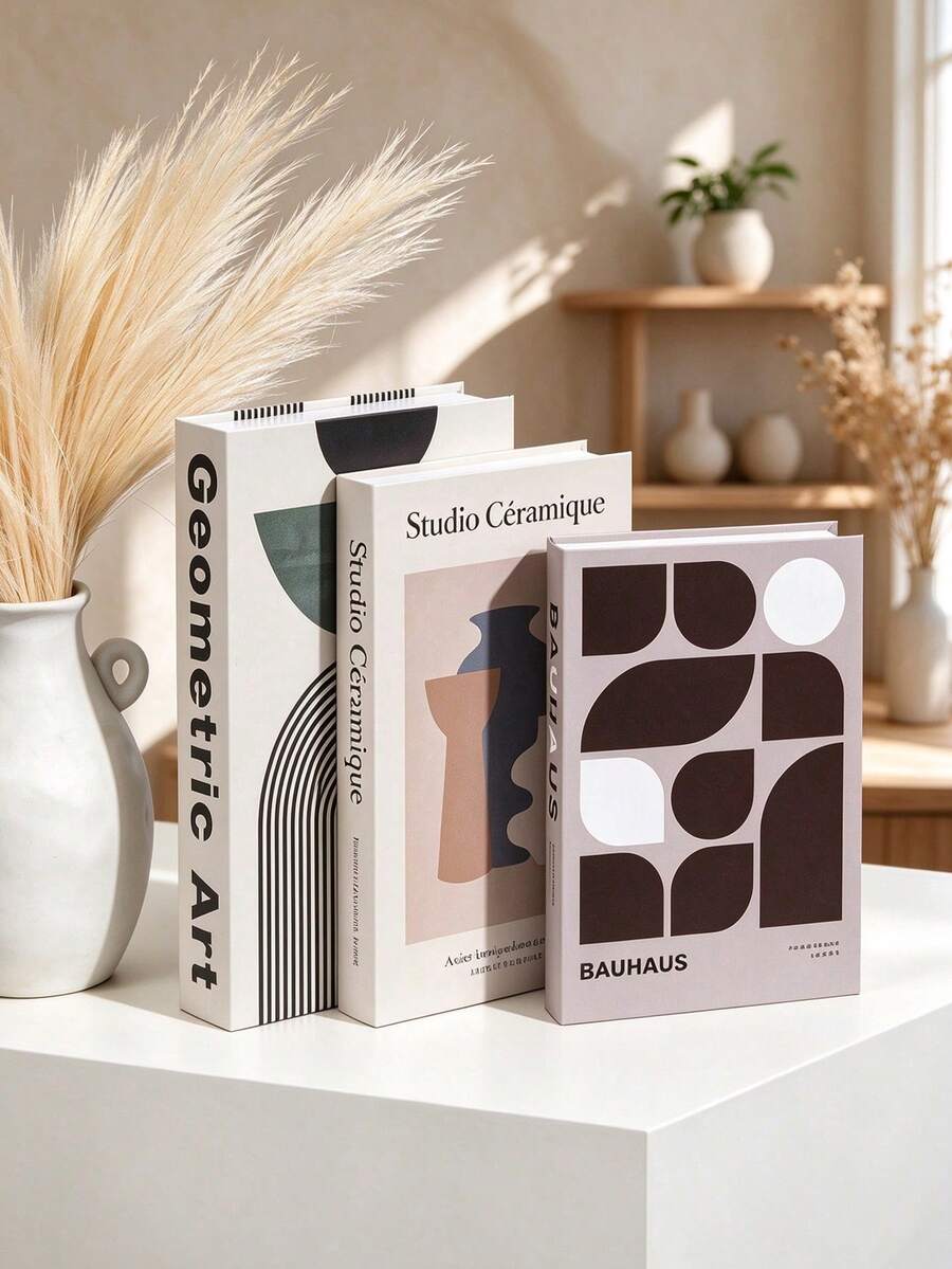 1pc Geometric Bauhaus Pattern Decorative Book, Minimalist Style Hardcover Paper, Rectangular Shape, Abstract Art Print Detail, Desktop & Shelf Display Ornament, Ideal Christmas Gift, Home Living Room Office Decor