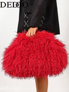 Dedoo Women's Cloud Clutch Bag, Solid Color, Long Curly Faux Fur, Magnetic Closure, Portable, Avant-Garde Y2K Style, Suitable For Party, Date, Autumn/Winter - Red - View 3