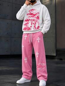 Zrgoth Men's 2 Pieces Printed Hoodie & Wide Leg Sweatpants Set, White Hoodie With Pink Character Graphic, Pink Cross Print Drawstring Long Pants, Streetwear - Pink - View 4