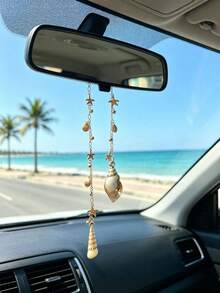 1pc Ocean Style Seashell & Starfish Car Rearview Mirror Hanging Ornament, Vintage Gold Chain Conch Shell Car Interior Decoration - Conch - View 2