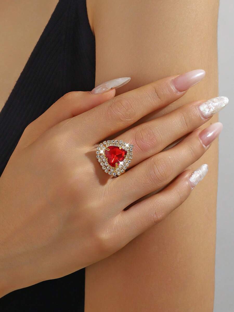 1件女款水滴形水鑽戒指,心形設計閃亮個性戒指,適合約會、婚禮、派對、度假與日常配戴 - 金紅色 - 查看 1