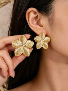2-10pcs Fashionable Exquisite Five-Petal Flower/Hollow Water Drop/Left-Right Ear Flower/Fabric Flower Earring Set, Suitable For Daily Wear And Gifting, Applicable For All Seasons - Gold - View 3