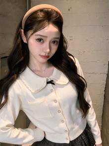Korean Style Sexy Peter Pan Collar Bow Long Sleeve Knit Cardigan Top Women's Autumn Design Base Layer Innerwear Outerwear - Apricot - View 7
