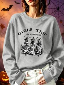 Women's Plus-Size Halloween Crewneck Sweatshirt – "Girls' Trip" & Witch Print – Casual & Simple – Autumn/Winter Plus-Size Top. - Grey - View 1
