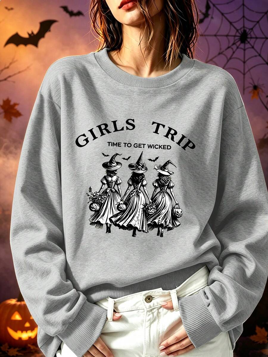 Women's Plus-Size Halloween Crewneck Sweatshirt – "Girls' Trip" & Witch Print – Casual & Simple – Autumn/Winter Plus-Size Top. - Grey - View 1