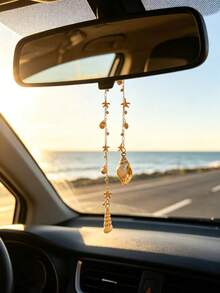 1pc Ocean Style Seashell & Starfish Car Rearview Mirror Hanging Ornament, Vintage Gold Chain Conch Shell Car Interior Decoration - Conch - View 4