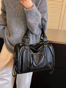 Fashionable Black Vegan Leather Tote Bag, Woven Texture Trim, Rivet Reinforced Handles, Front Zipper Pocket, Large Capacity For Office Commute Travel - Black - View 3